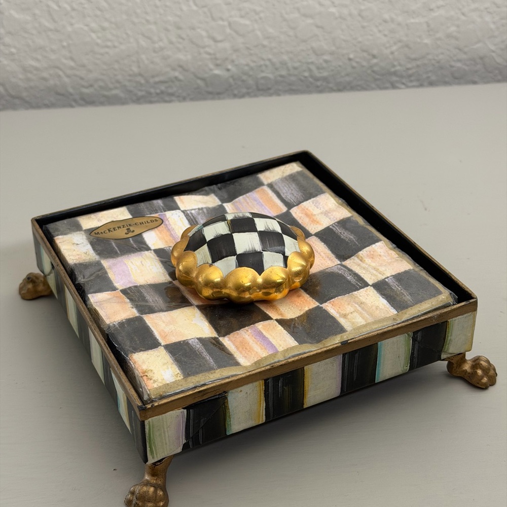 MacKenzie-Childs Courtly Check Napkin Holder with Napkins & Weight Retired NWOT